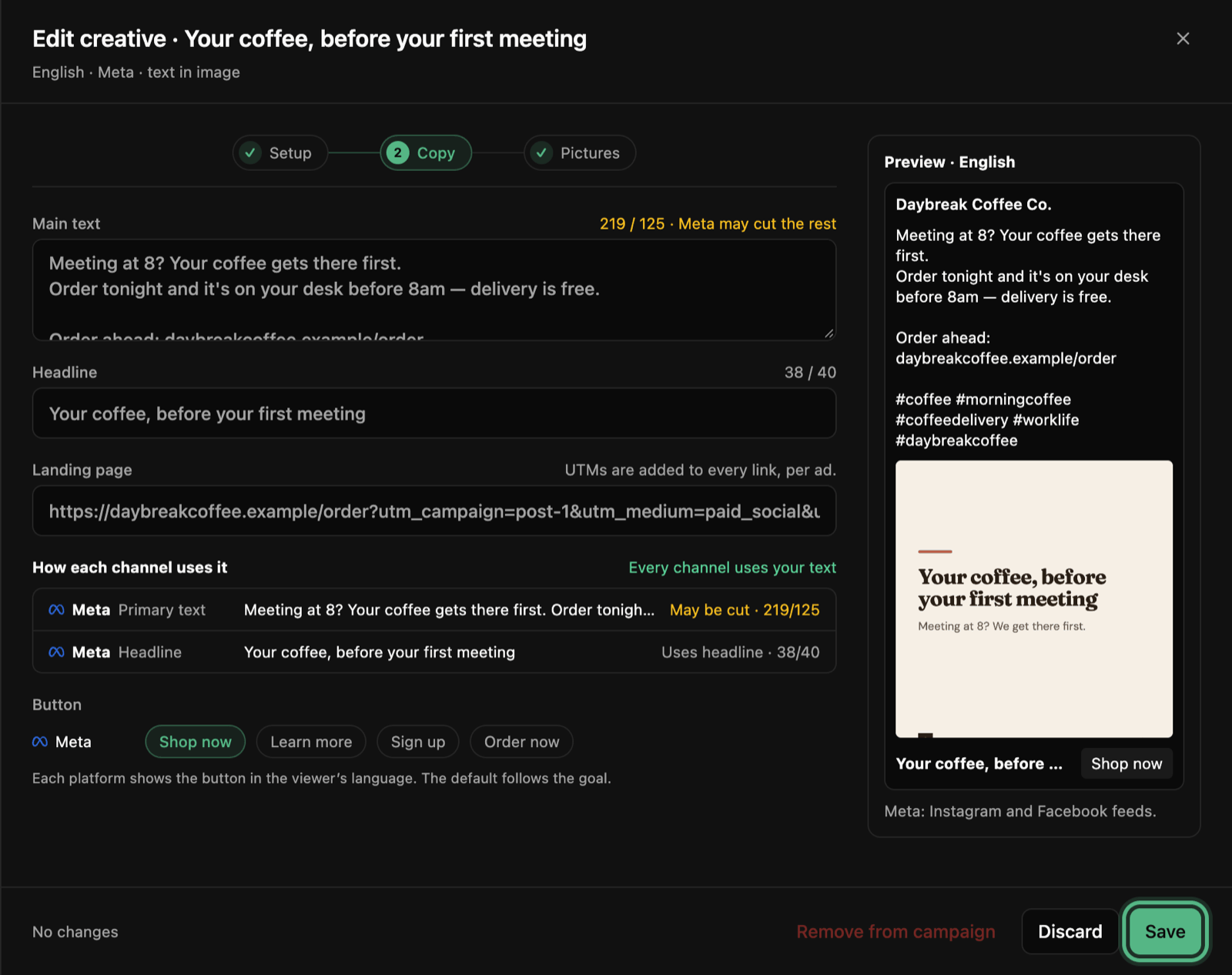The creative open on Copy, filled from the post: Main text, Headline and Landing page, with a preview of the ad and Save ringed