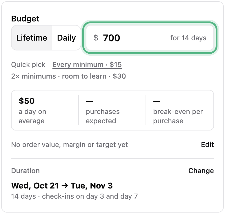 Budget & Duration: Lifetime picked and 700 dollars for 14 days ringed, 50 dollars a day on average, and the dates under Duration
