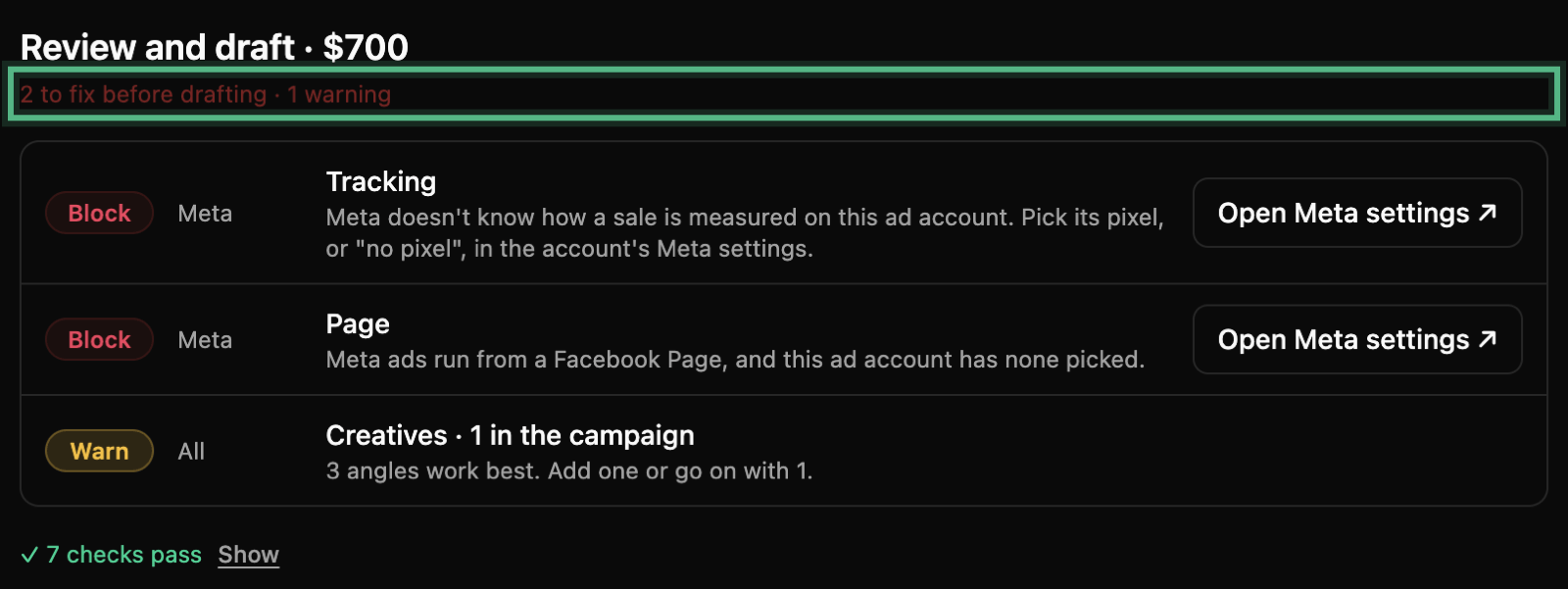 Review and draft: 2 to fix before drafting, ringed, over the checks — Tracking and Page marked Block, each with Open Meta settings, and a warning — then 7 checks that pass