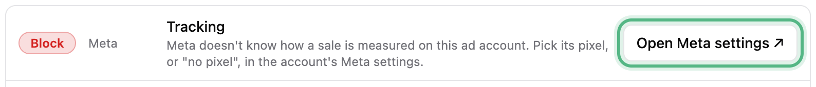 A Tracking check marked Block — Meta doesn’t know how a sale is measured — with Open Meta settings ringed