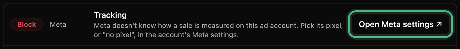 A Tracking check marked Block — Meta doesn’t know how a sale is measured — with Open Meta settings ringed