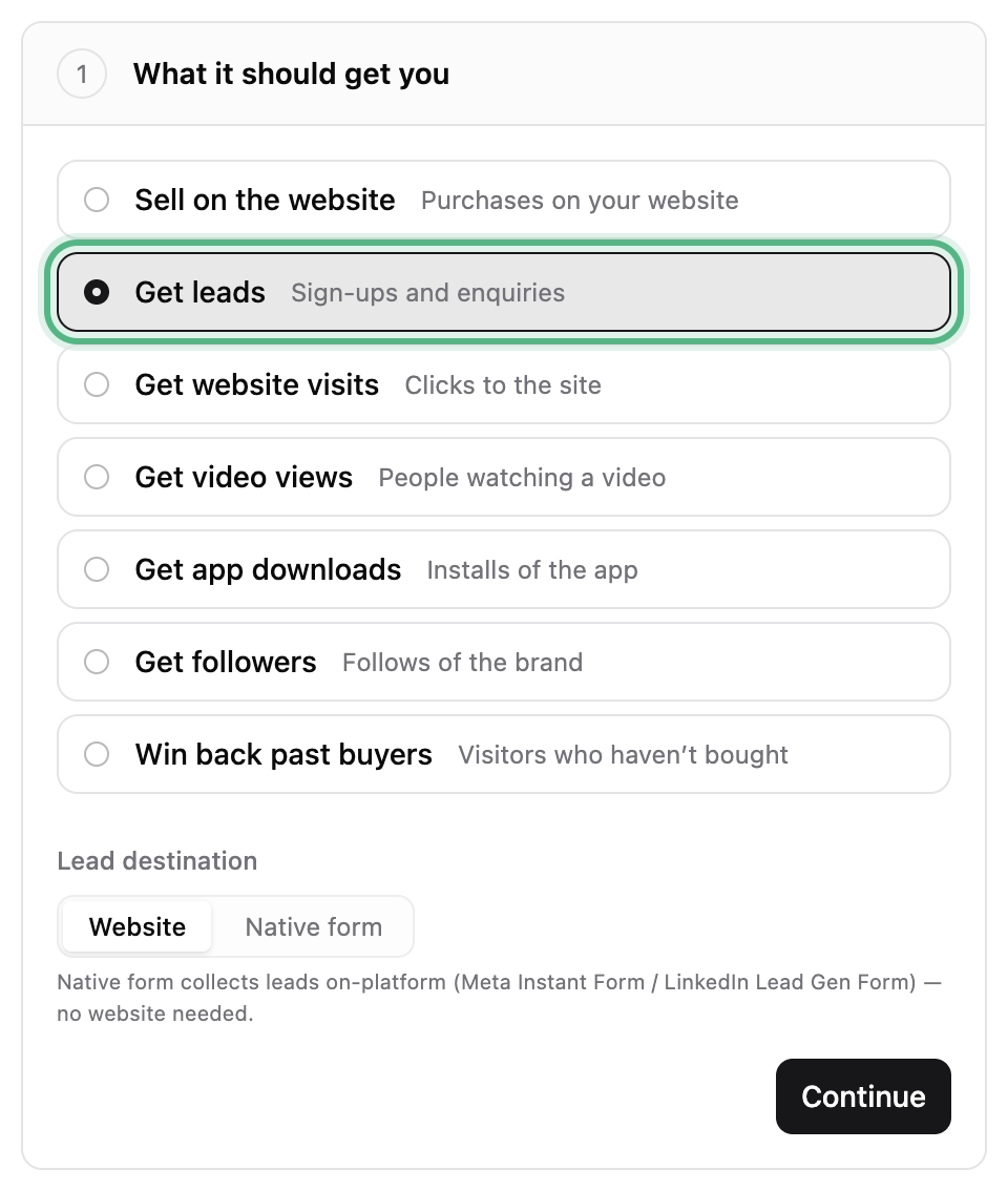 Preset, What it should get you: Get leads picked, ringed, and Lead destination below the goals with Website and Native form