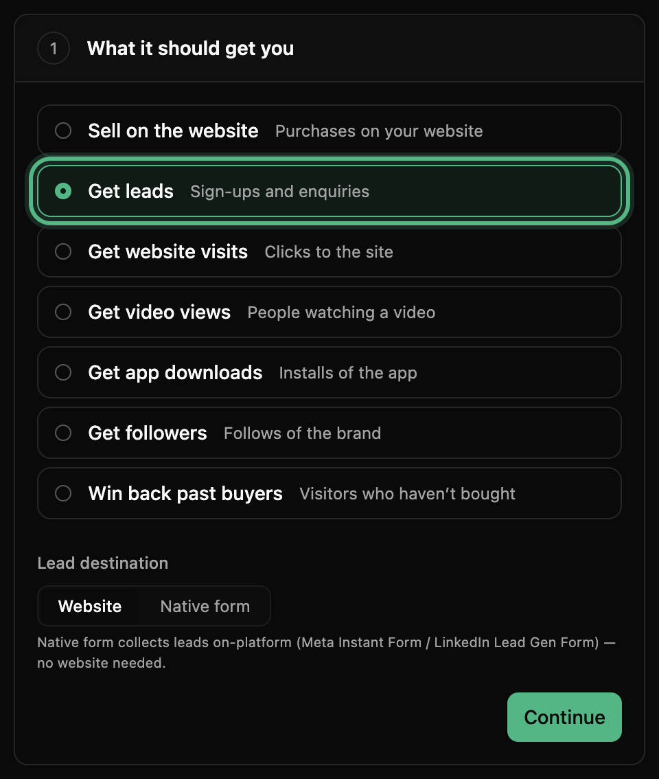 Preset, What it should get you: Get leads picked, ringed, and Lead destination below the goals with Website and Native form