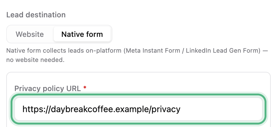 The Privacy policy URL box filled in with daybreakcoffee.example/privacy, ringed, and no red Required line under it