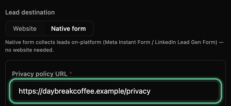 The Privacy policy URL box filled in with daybreakcoffee.example/privacy, ringed, and no red Required line under it