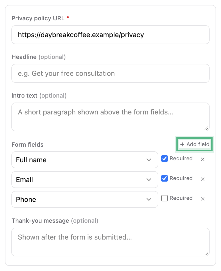 The native form’s settings: Headline, Intro text, then Form fields with Full name, Email and Phone, each with a Required box, Add field ringed, and the Thank-you message
