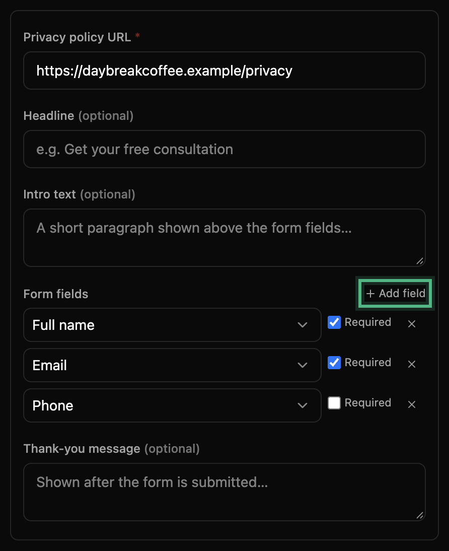 The native form’s settings: Headline, Intro text, then Form fields with Full name, Email and Phone, each with a Required box, Add field ringed, and the Thank-you message
