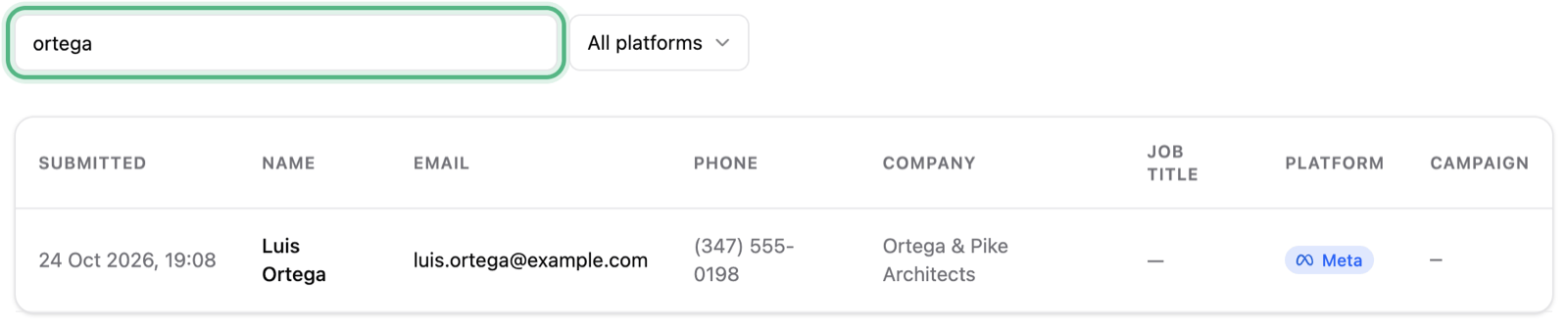 The search box with ortega typed in, ringed, and the one lead that matches, Luis Ortega, listed under it