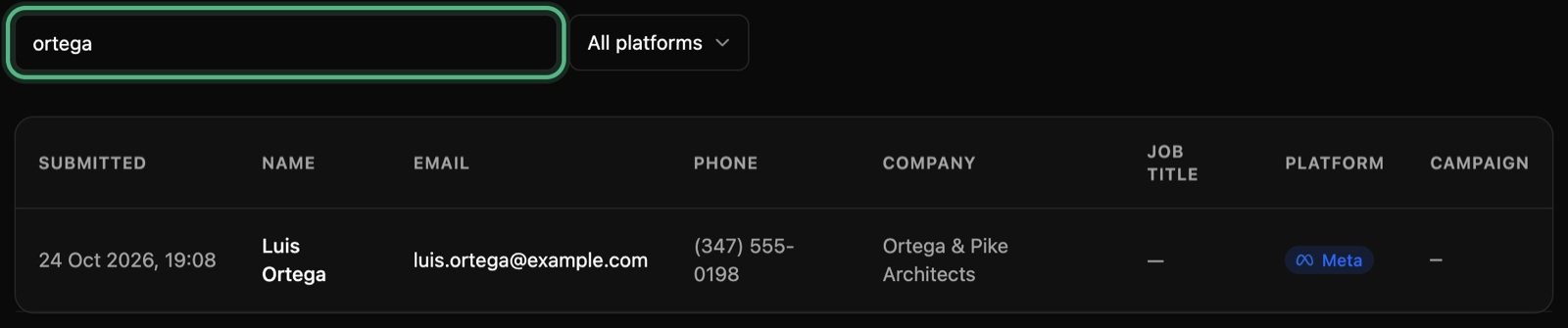 The search box with ortega typed in, ringed, and the one lead that matches, Luis Ortega, listed under it