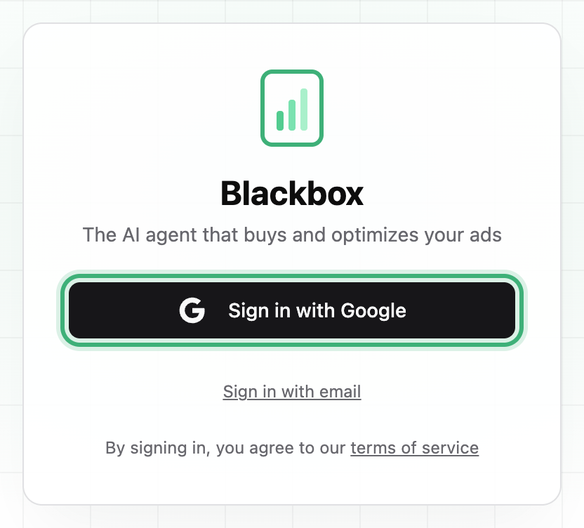 The Blackbox sign-in card with the Sign in with Google button ringed and Sign in with email below it