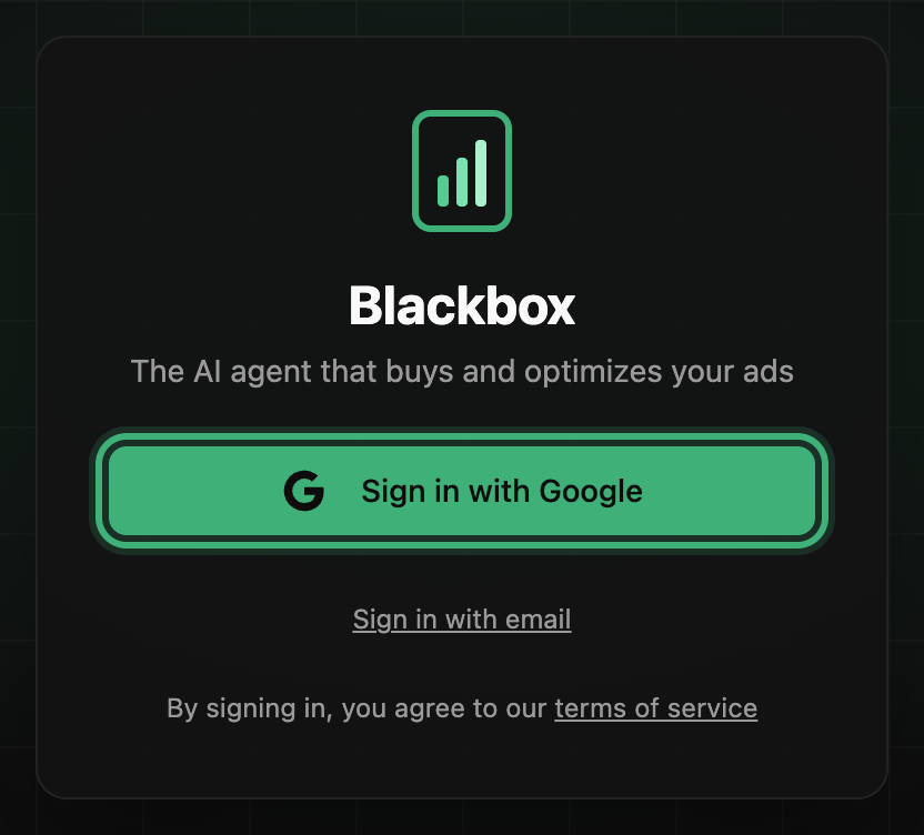 The Blackbox sign-in card with the Sign in with Google button ringed and Sign in with email below it