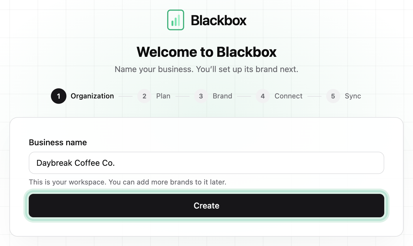 Welcome to Blackbox: the Business name box filled in with Daybreak Coffee Co. and the Create button ringed