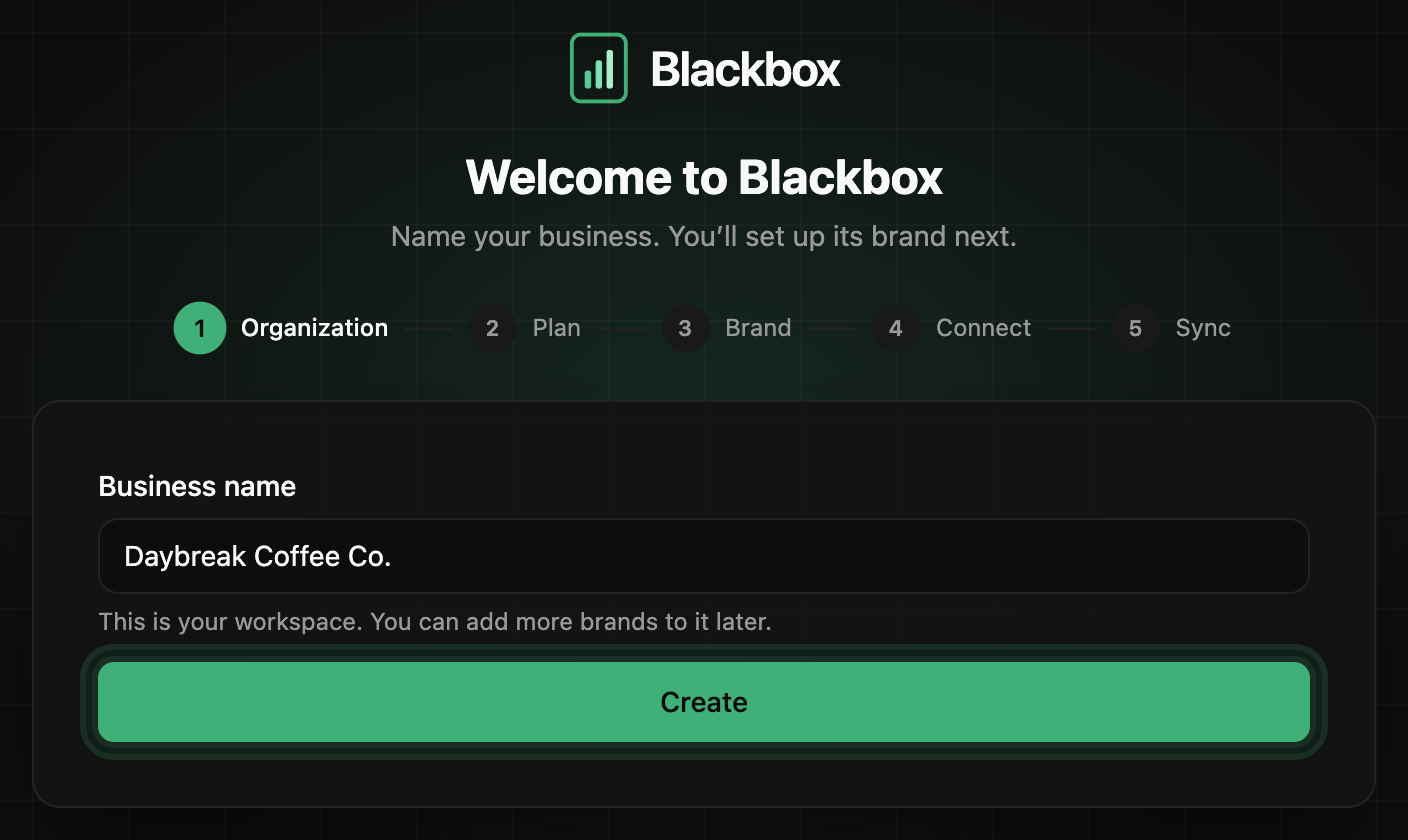 Welcome to Blackbox: the Business name box filled in with Daybreak Coffee Co. and the Create button ringed