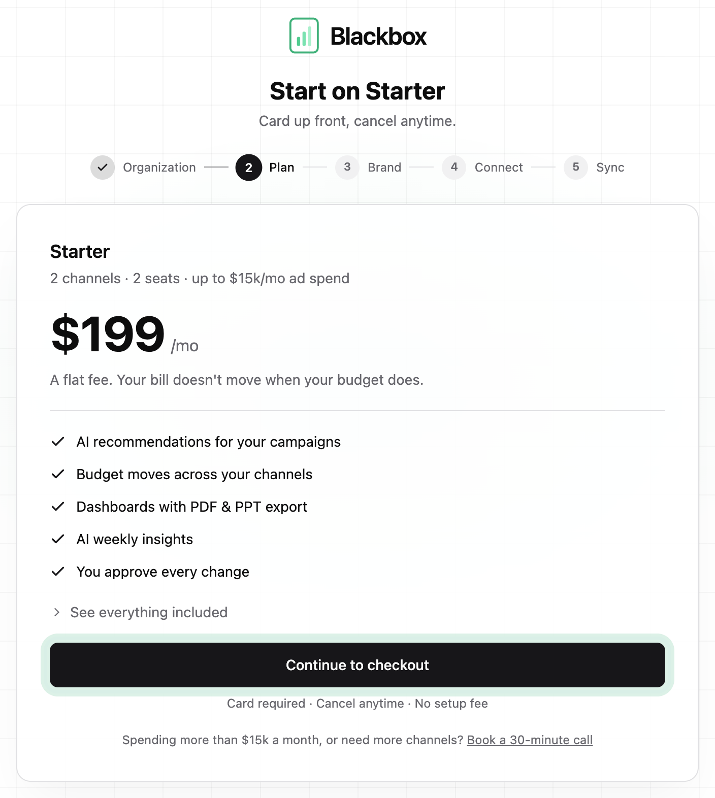 The Starter plan card: 2 channels, 2 seats, the monthly price, what is included, and the Continue to checkout button ringed
