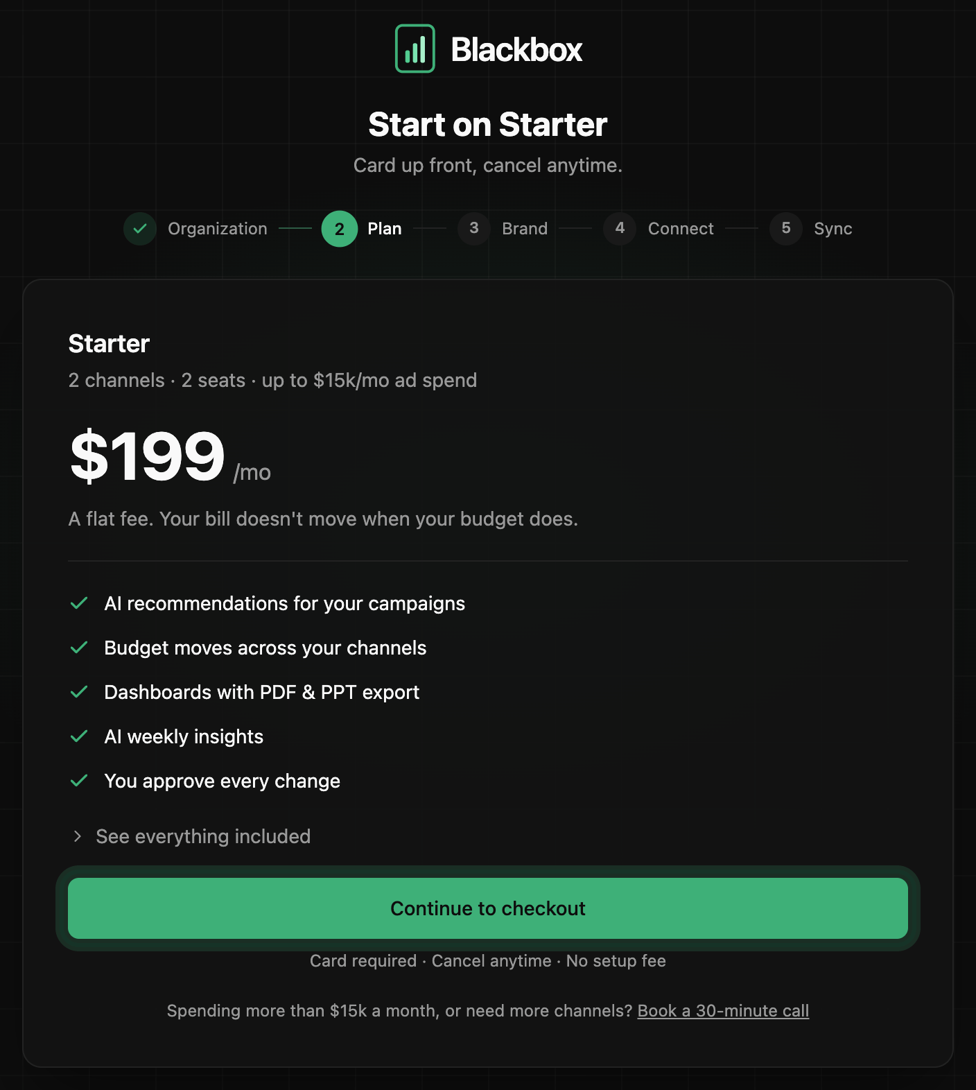 The Starter plan card: 2 channels, 2 seats, the monthly price, what is included, and the Continue to checkout button ringed
