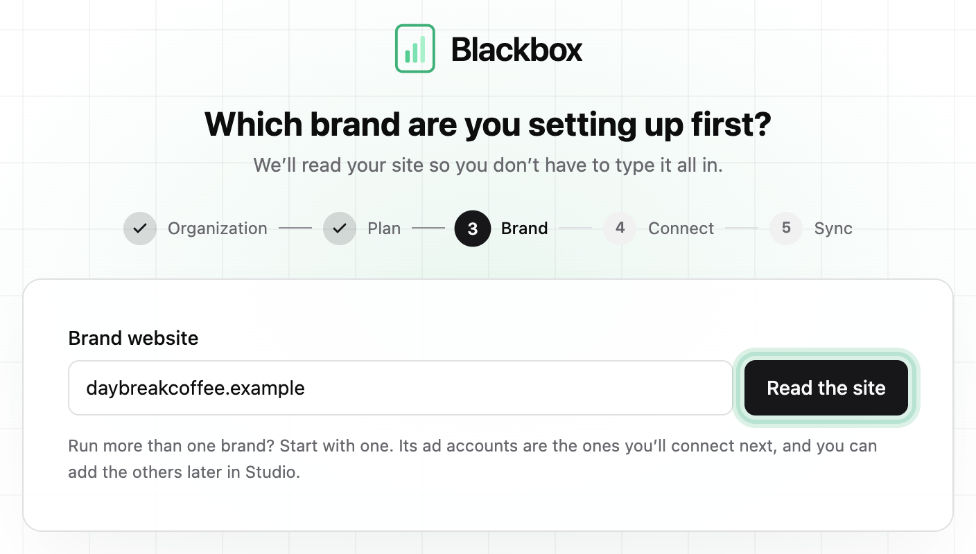 Which brand are you setting up first? The Brand website box with daybreakcoffee.example typed in and Read the site ringed