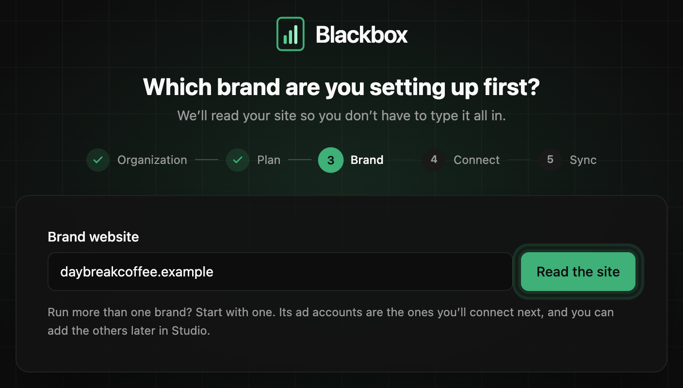 Which brand are you setting up first? The Brand website box with daybreakcoffee.example typed in and Read the site ringed