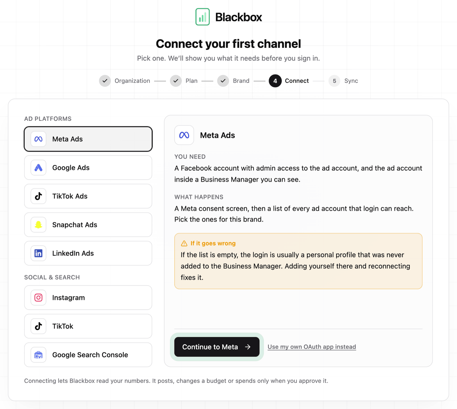 Connect your first channel: the Meta Ads tile picked under Ad platforms, with what it needs and the Continue to Meta button ringed