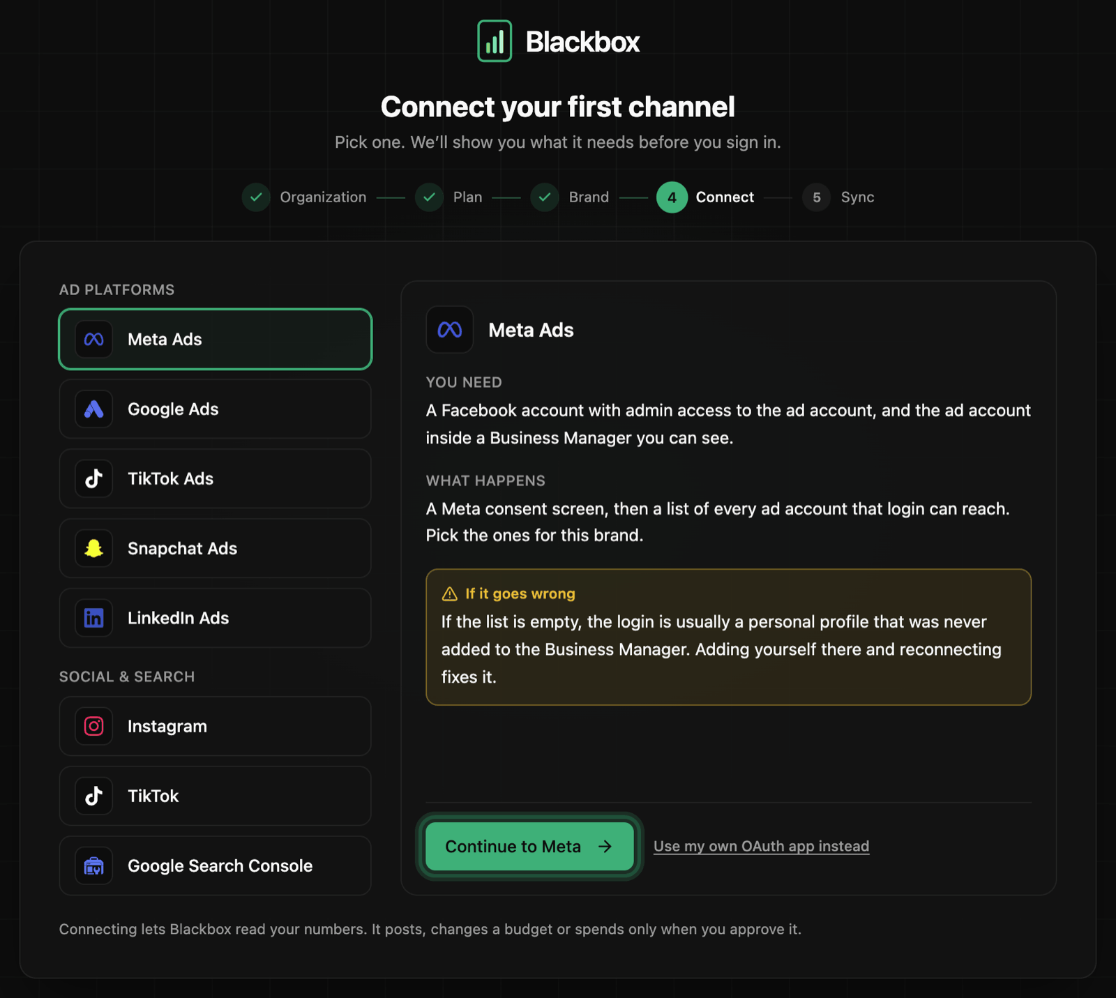 Connect your first channel: the Meta Ads tile picked under Ad platforms, with what it needs and the Continue to Meta button ringed