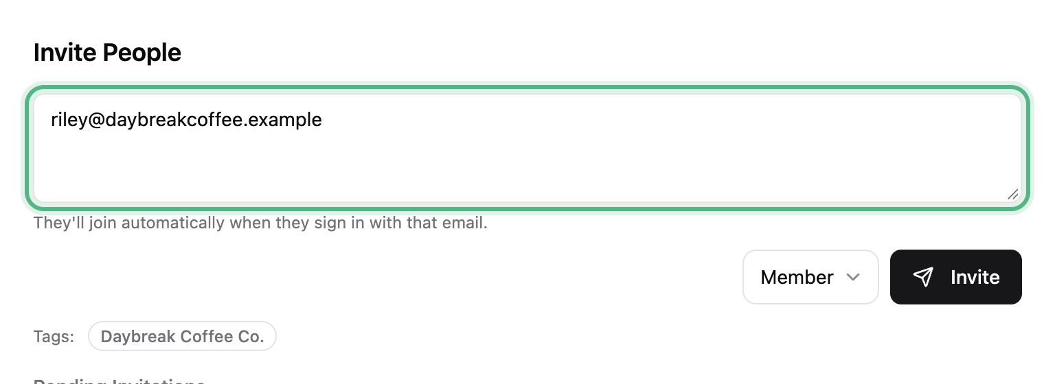 Invite People with a teammate’s email address typed into the box, ringed, and the Invite button next to the Member menu