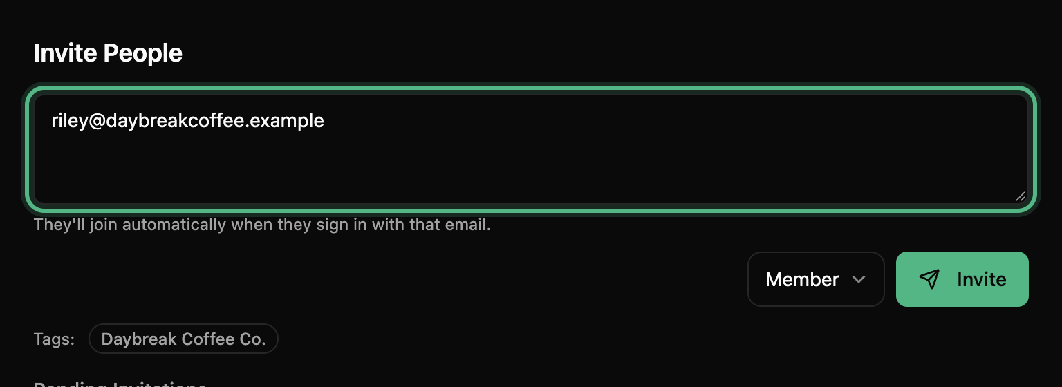 Invite People with a teammate’s email address typed into the box, ringed, and the Invite button next to the Member menu