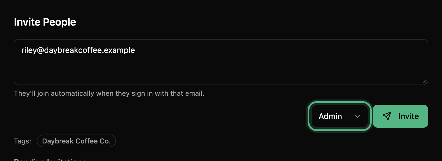 Invite People with the role menu, ringed, switched from Member to Admin