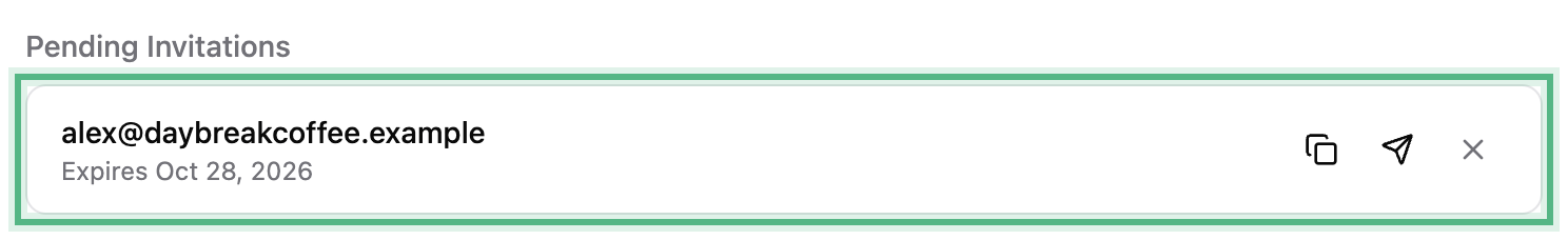 Pending Invitations, ringed: alex@daybreakcoffee.example with the day the invite expires, and the copy link, resend and revoke buttons