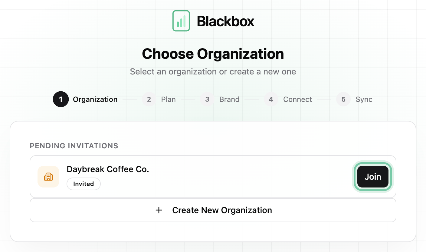 What an invited teammate who already has a login sees: Choose Organization, with Daybreak Coffee Co. under Pending Invitations and the Join button ringed