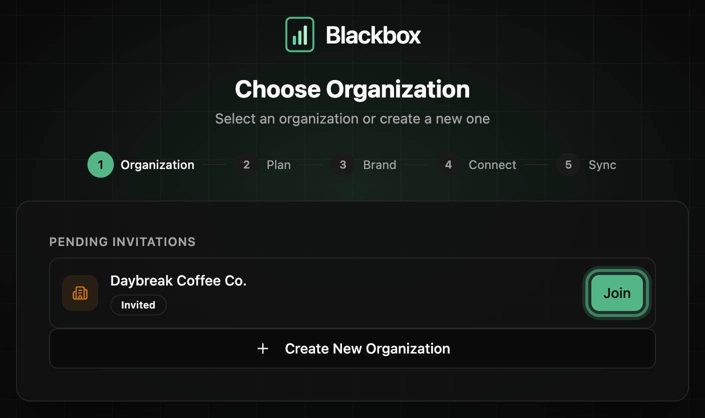 What an invited teammate who already has a login sees: Choose Organization, with Daybreak Coffee Co. under Pending Invitations and the Join button ringed