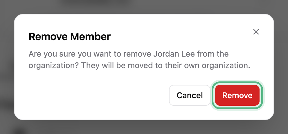 Remove Member: are you sure you want to remove Jordan Lee, with Cancel and the Remove button ringed