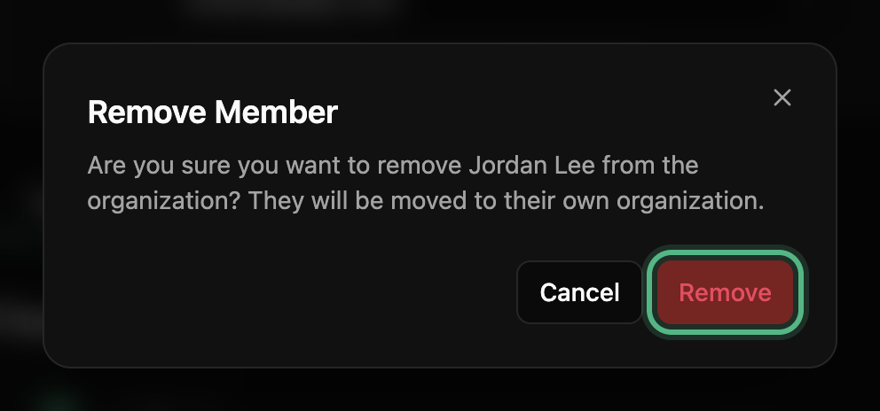 Remove Member: are you sure you want to remove Jordan Lee, with Cancel and the Remove button ringed