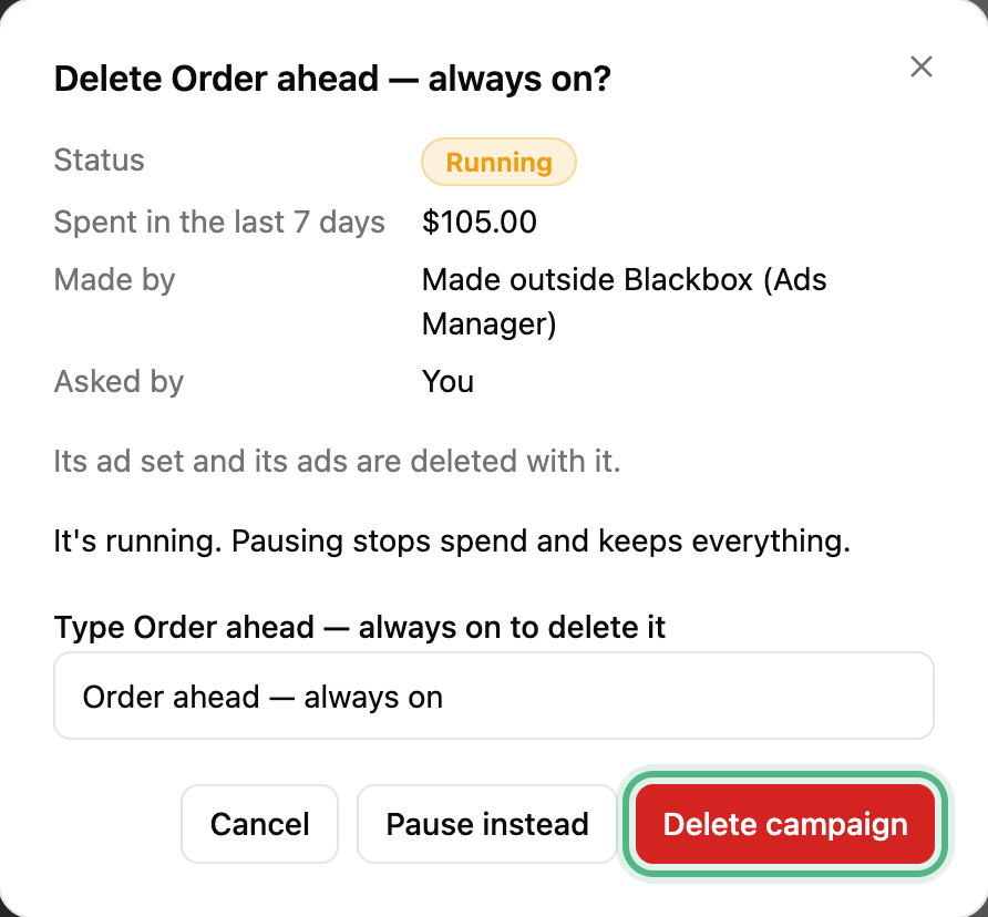 Delete Order ahead — always on?: running, spent in the last 7 days, its ad set going with it, the name typed, and Delete campaign ringed next to Pause instead
