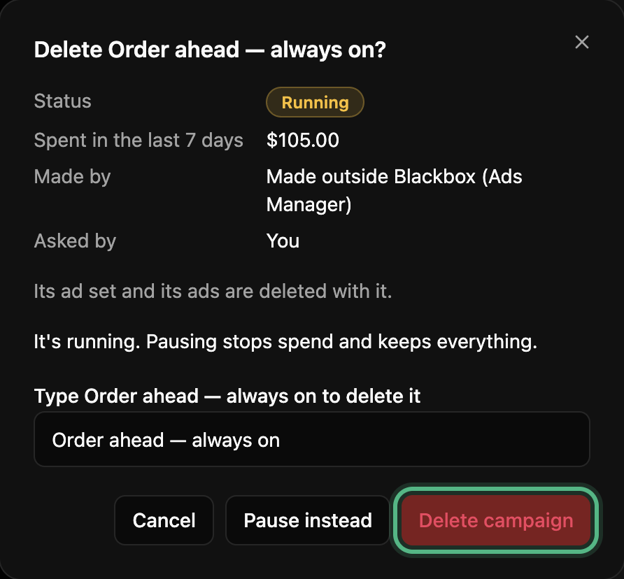 Delete Order ahead — always on?: running, spent in the last 7 days, its ad set going with it, the name typed, and Delete campaign ringed next to Pause instead