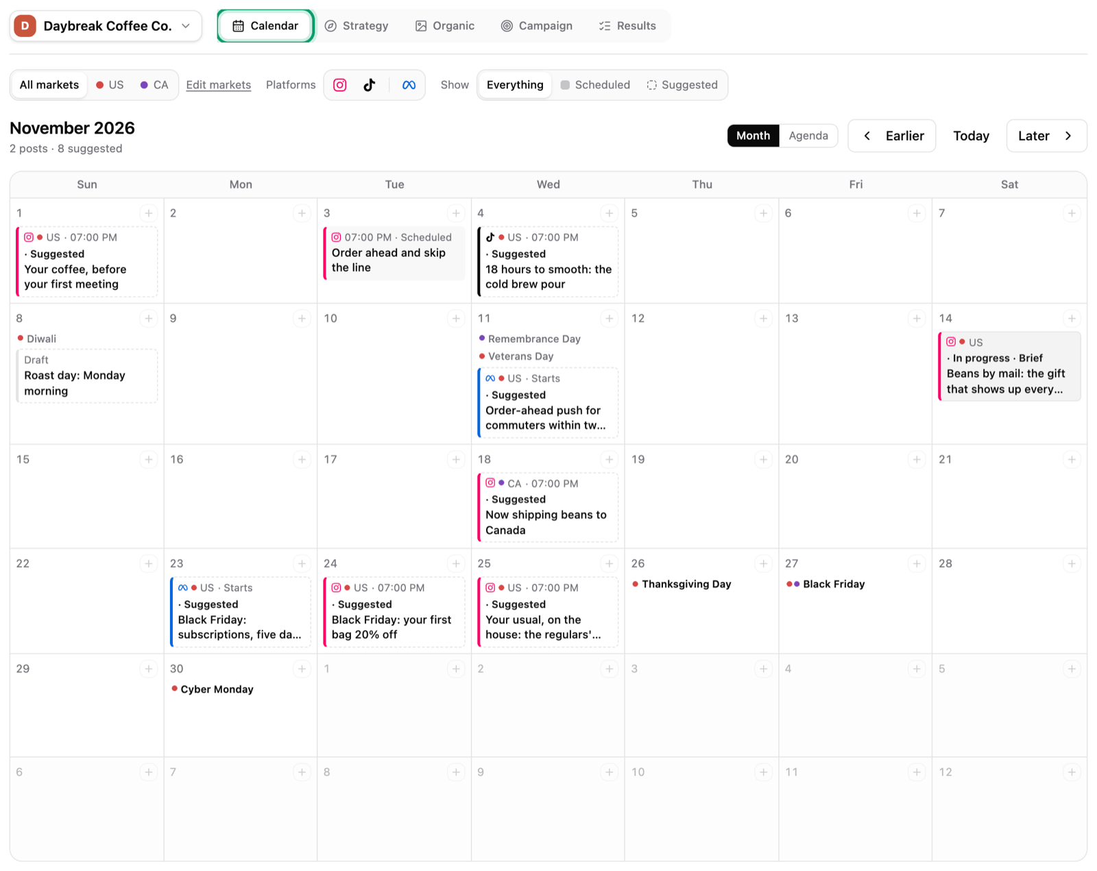 Plan for Daybreak Coffee Co. with the Calendar tab ringed: November with a scheduled post, a draft, holidays such as Thanksgiving Day and Black Friday, and dashed Suggested posts and campaigns on their days