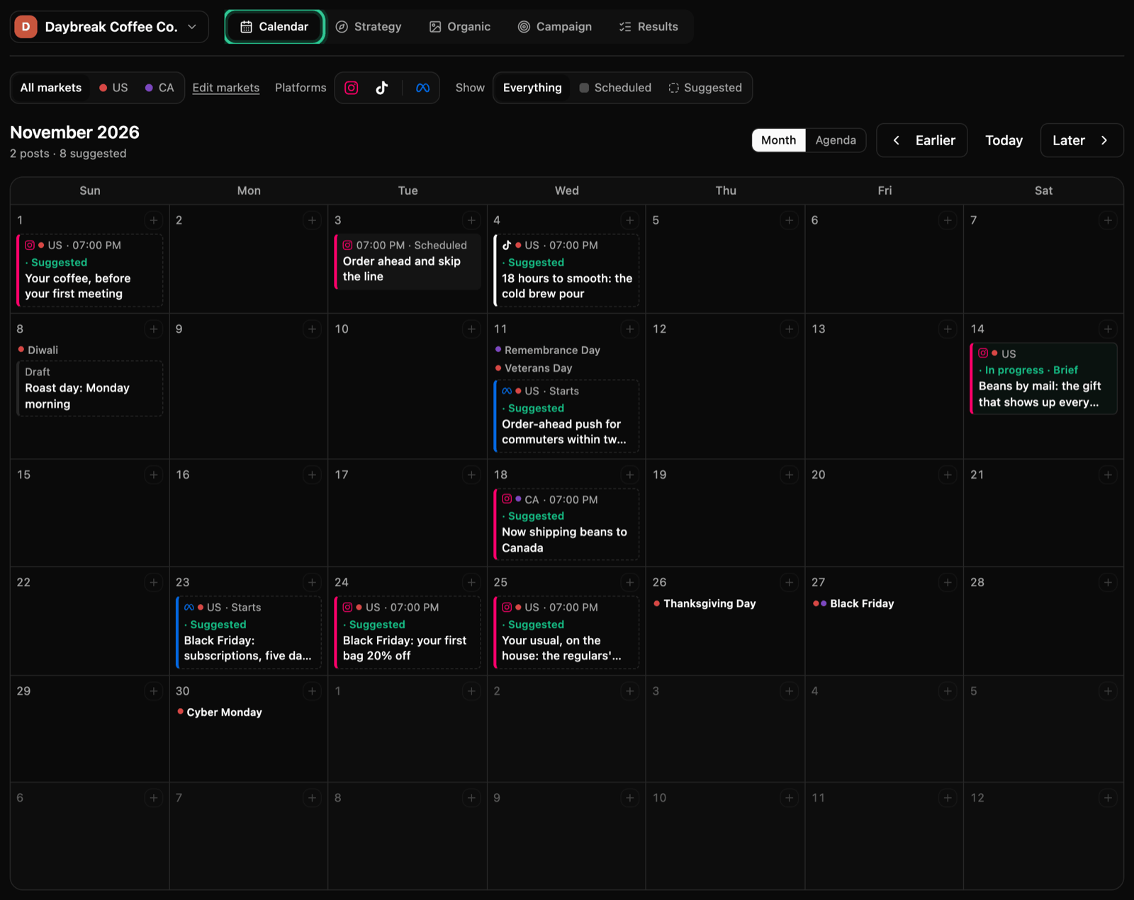 Plan for Daybreak Coffee Co. with the Calendar tab ringed: November with a scheduled post, a draft, holidays such as Thanksgiving Day and Black Friday, and dashed Suggested posts and campaigns on their days
