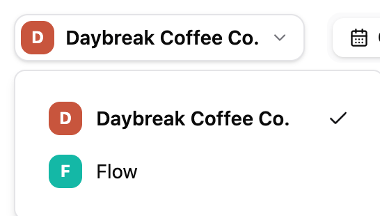 The brand menu open under Daybreak Coffee Co., with a second brand, Flow, ringed