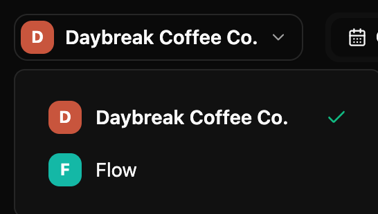 The brand menu open under Daybreak Coffee Co., with a second brand, Flow, ringed