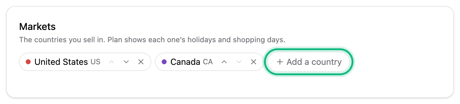 The brand’s Markets card: United States and Canada, in order, with Add a country ringed