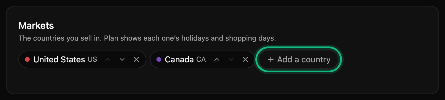 The brand’s Markets card: United States and Canada, in order, with Add a country ringed