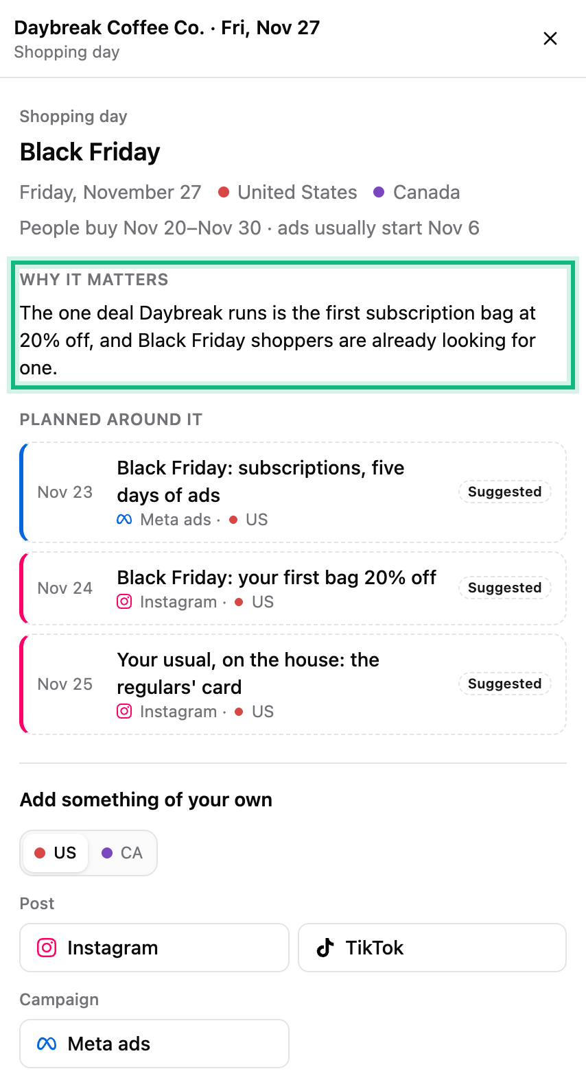 Black Friday, a shopping day in the United States: the Why it matters note ringed, the three suggestions planned around it, and buttons to add your own