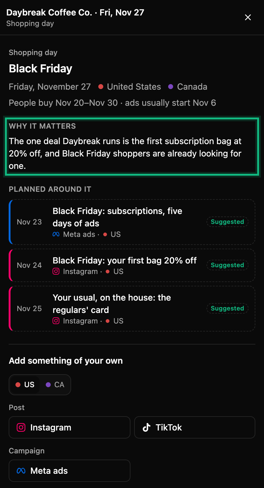 Black Friday, a shopping day in the United States: the Why it matters note ringed, the three suggestions planned around it, and buttons to add your own