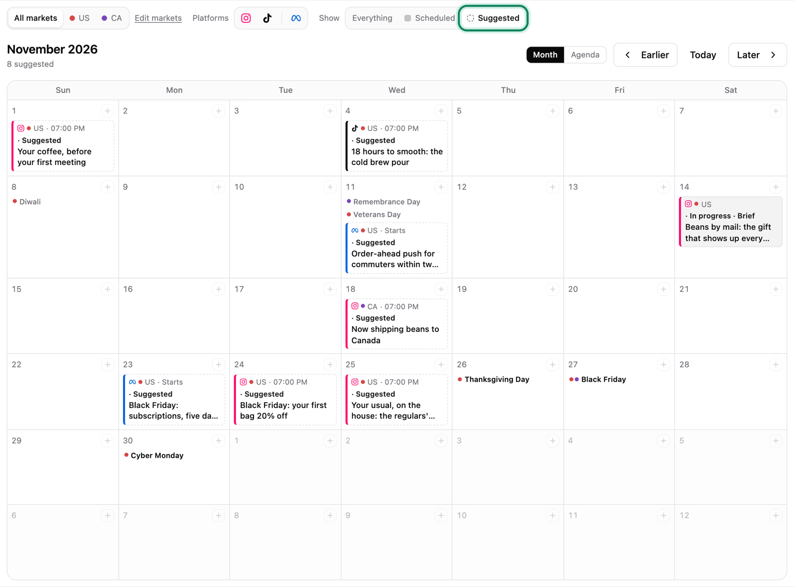 The calendar with Show set to Suggested, ringed: only the dashed suggestions and the holidays are left on the month
