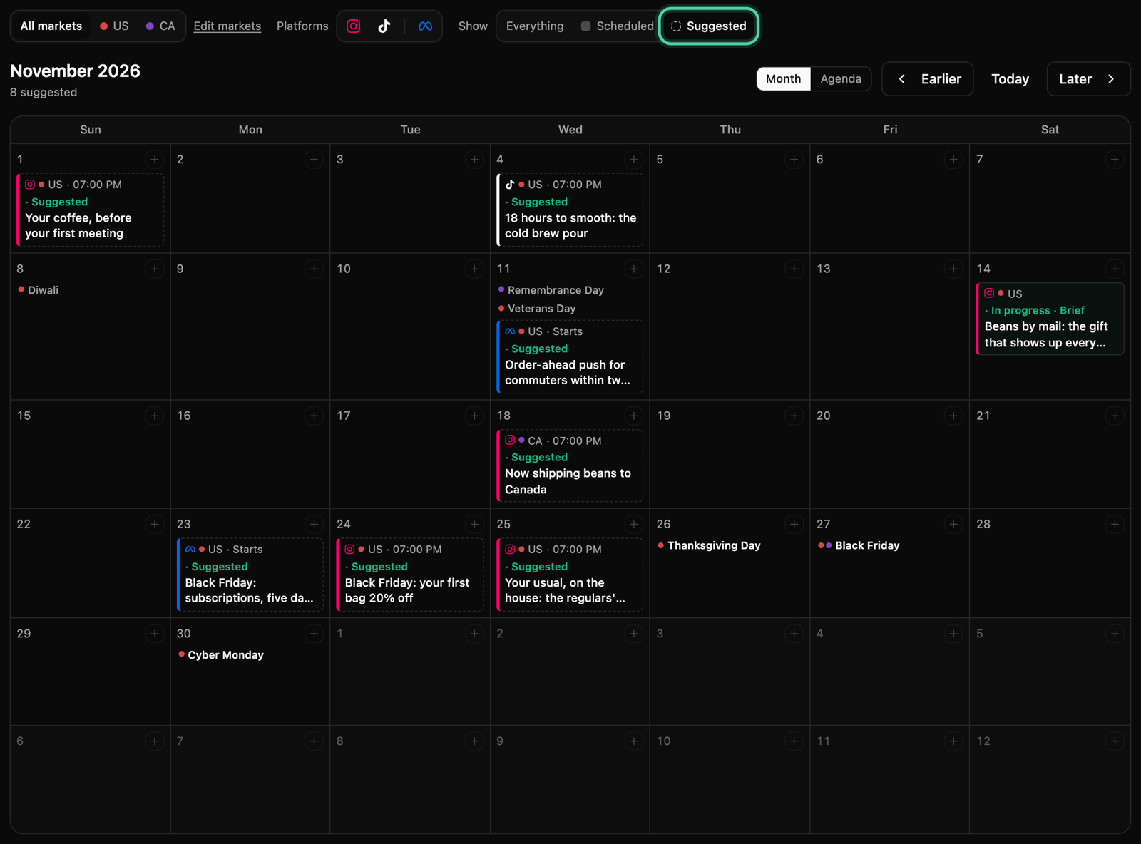 The calendar with Show set to Suggested, ringed: only the dashed suggestions and the holidays are left on the month
