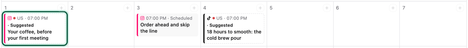 One week of the calendar with a suggested Instagram carousel, Your coffee, before your first meeting, ringed on its day