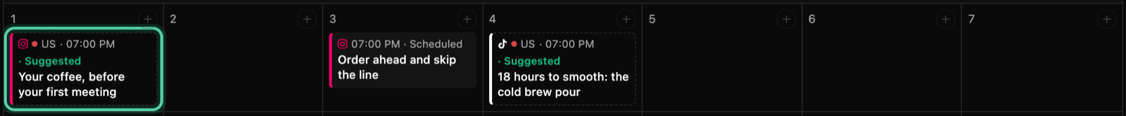One week of the calendar with a suggested Instagram carousel, Your coffee, before your first meeting, ringed on its day