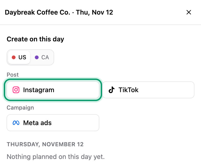 Create on this day in the side panel: the US and Canada to pick from, Instagram ringed under Post, and Meta ads under Campaign
