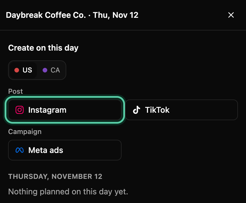 Create on this day in the side panel: the US and Canada to pick from, Instagram ringed under Post, and Meta ads under Campaign