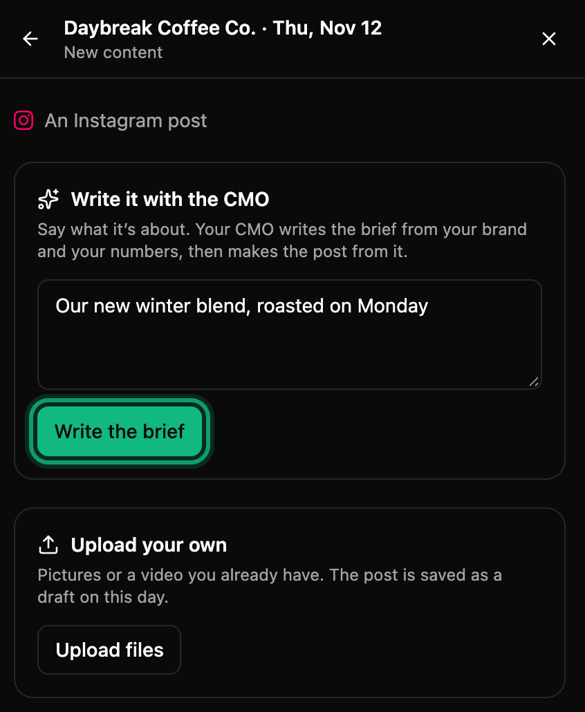 Write it with the CMO, with what the post is about typed in and Write the brief ringed, and Upload your own below it