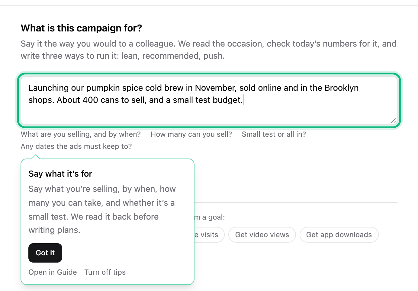 What is this campaign for?, with the pumpkin spice cold brew ask typed in the box, ringed, and its tip open beside it: say what you’re selling, by when, how many and whether it’s a small test