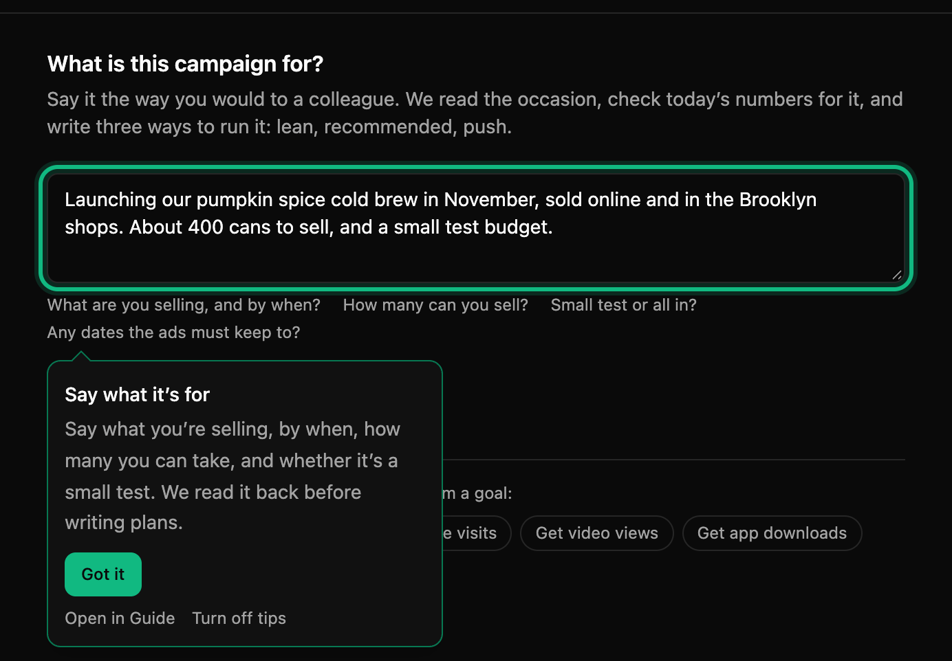 What is this campaign for?, with the pumpkin spice cold brew ask typed in the box, ringed, and its tip open beside it: say what you’re selling, by when, how many and whether it’s a small test